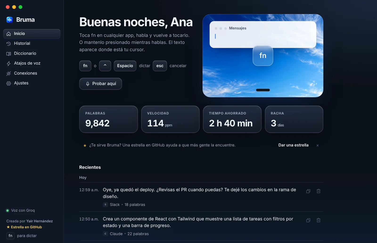 La misma pantalla de inicio de Bruma en modo oscuro