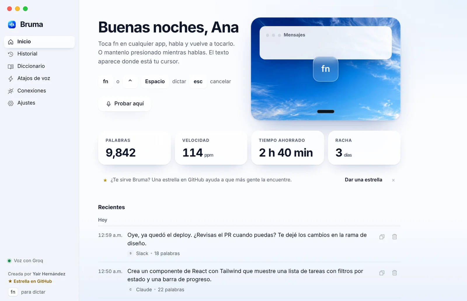 Pantalla de inicio de Bruma: saludo, estadísticas de palabras, velocidad, tiempo ahorrado y racha, y dictados recientes